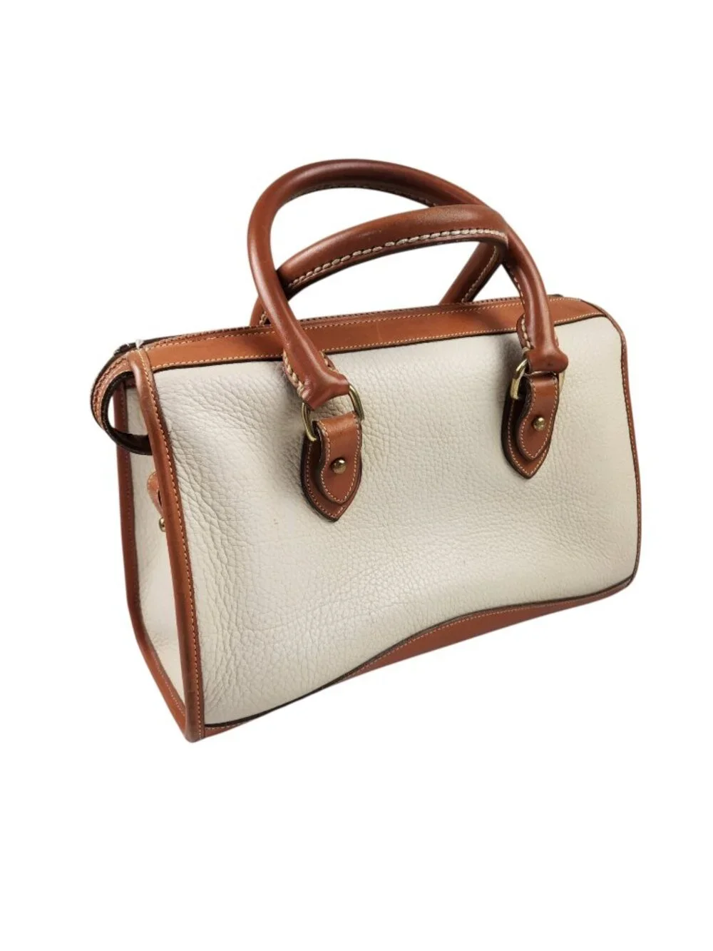 VTG Dooney & Bourke Leather Satchel Cream Pebble Body Tan Trim Brass Duck Fob US